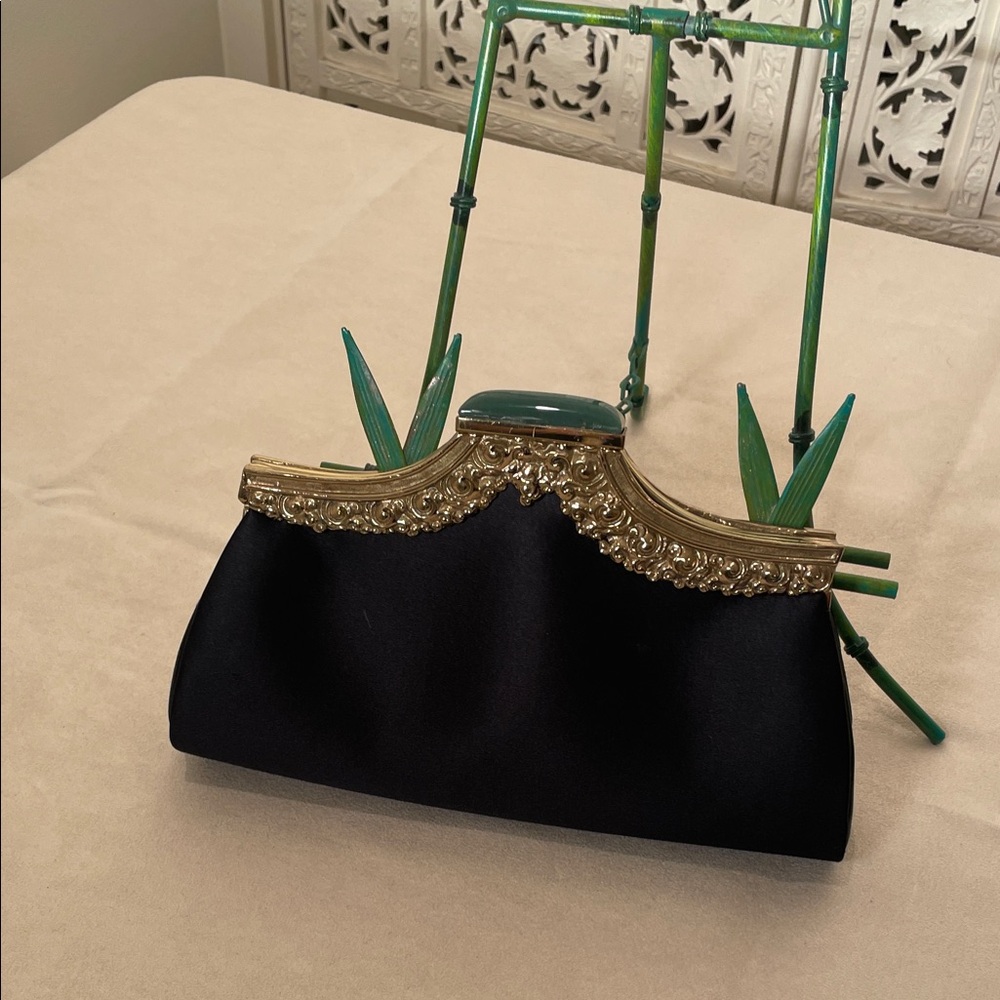 Natori  green stone Black Clutch with Gold Embellishments